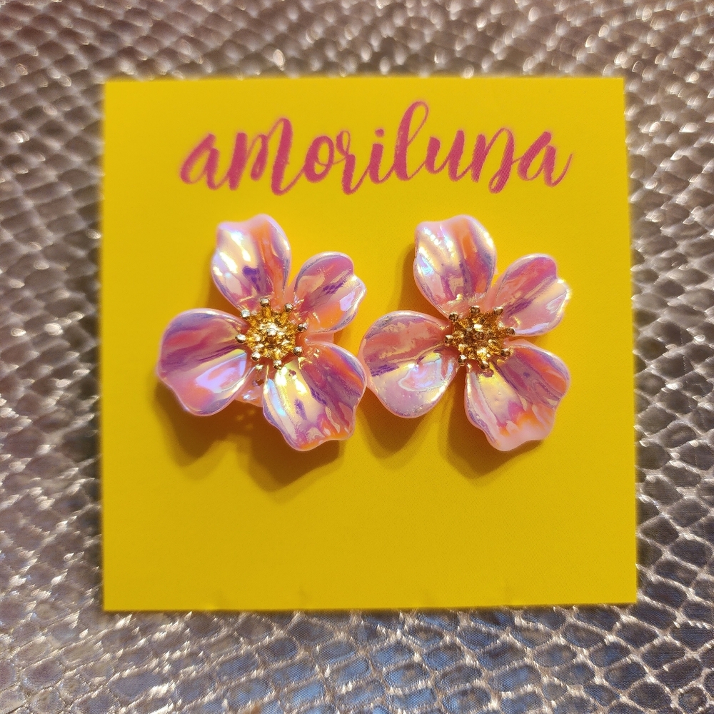 Iridescent Pink Flower Studs